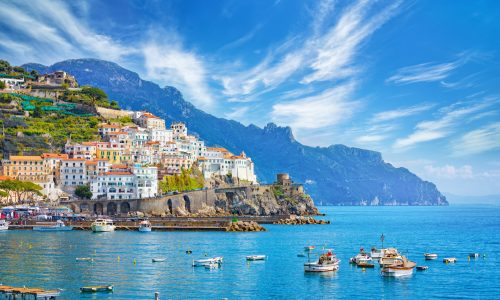 Beautiful,Amalfi,On,Hills,Leading,Down,To,Coast,,Comfortable,Beaches